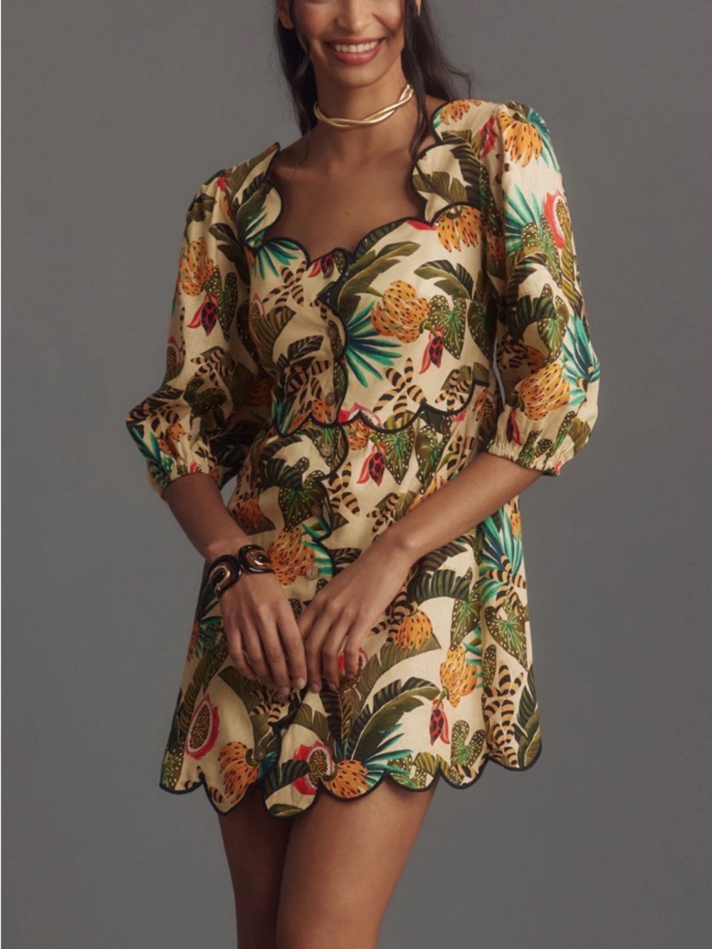 Farm Rio Anthropologie Tropical Print Mini Dress Puff Sleeve Button Front Size M